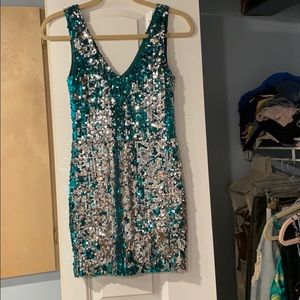 Silver and turquoise sequin dress